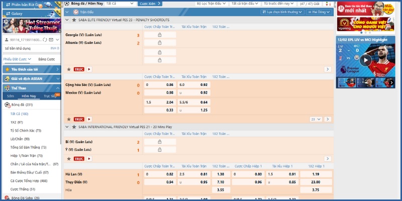 Bảng kèo có odds thưởng khủng tại SABA Thể Thao